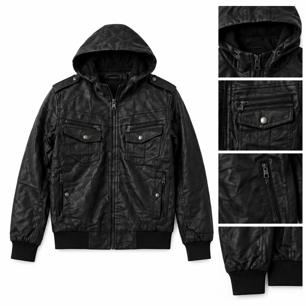 Blouson noir à capuche, détail