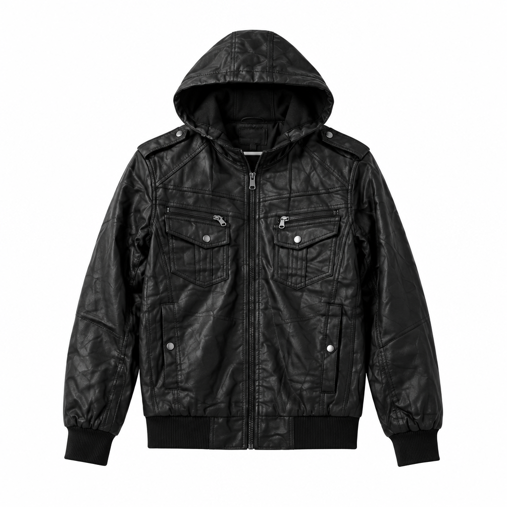 Blouson noir à capuche, vue de face