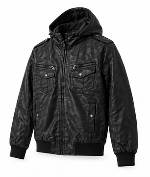 Blouson noir à capuche, vue de trois quarts simulée