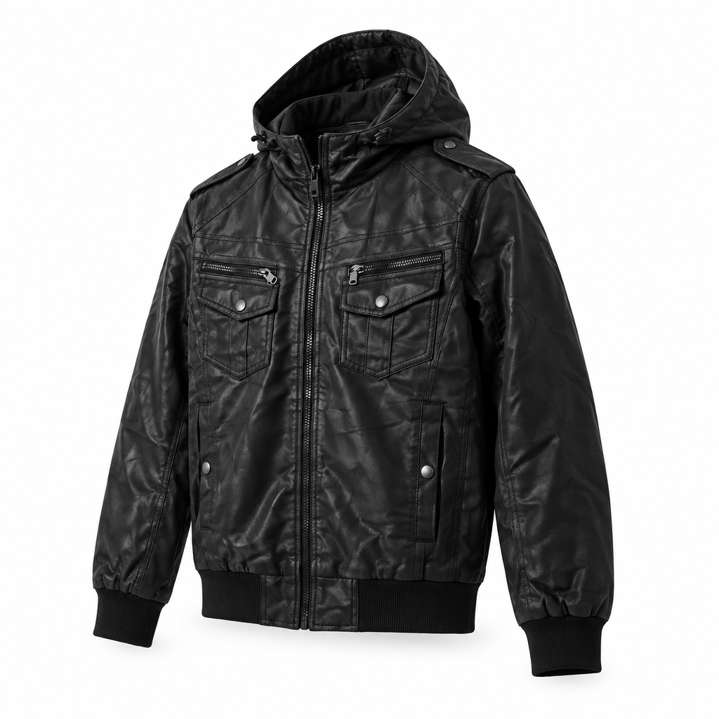 Blouson noir à capuche, vue de trois quarts simulée