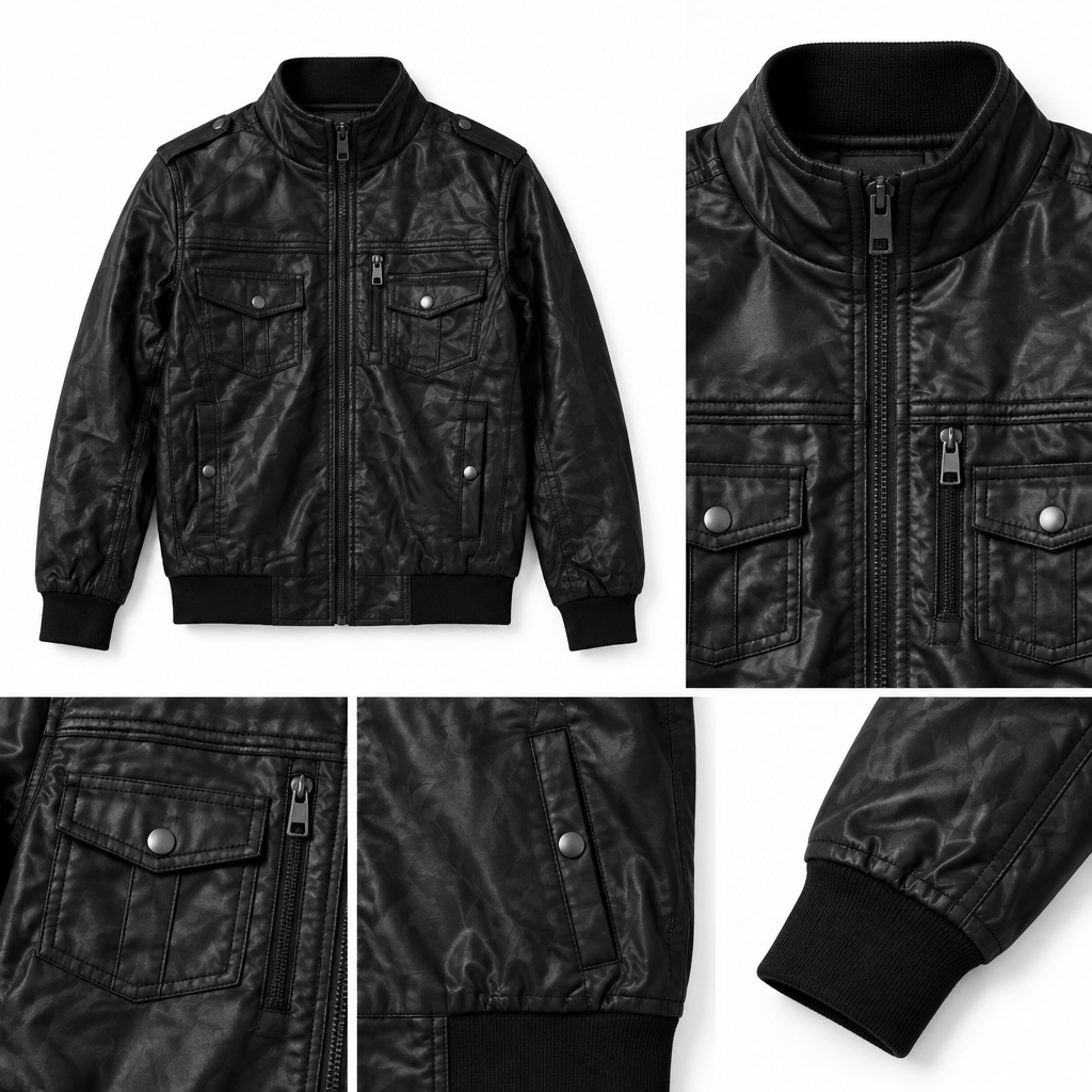 Blouson noir à col montant, détail