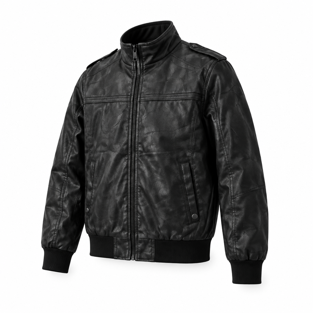 Blouson noir à col montant, vue de trois quarts simulée