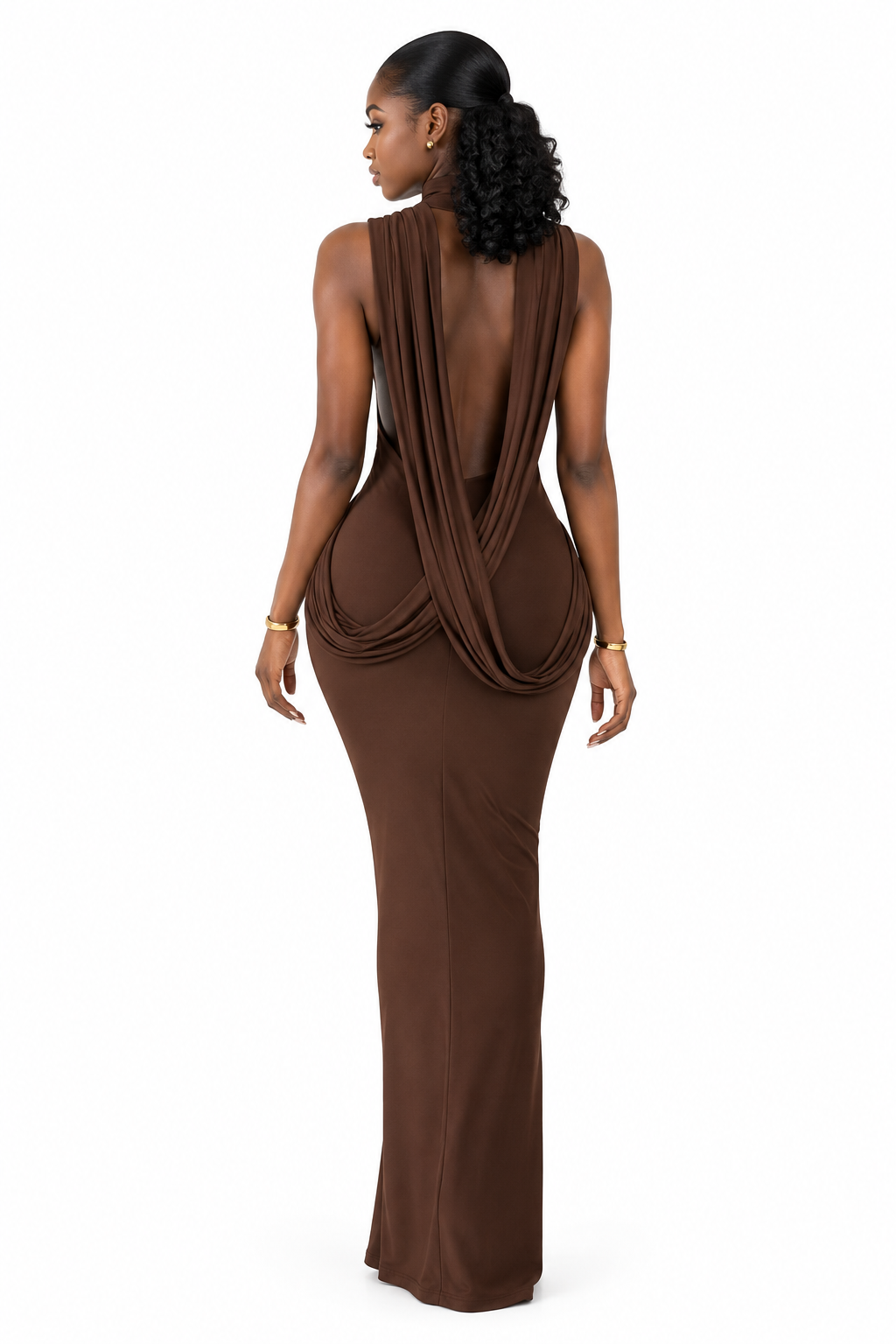 Robe Maxi Col Montant Dos Nu Drapé