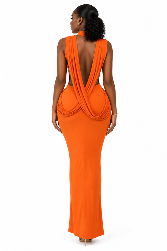Robe Maxi Col Montant Dos Nu Drapé