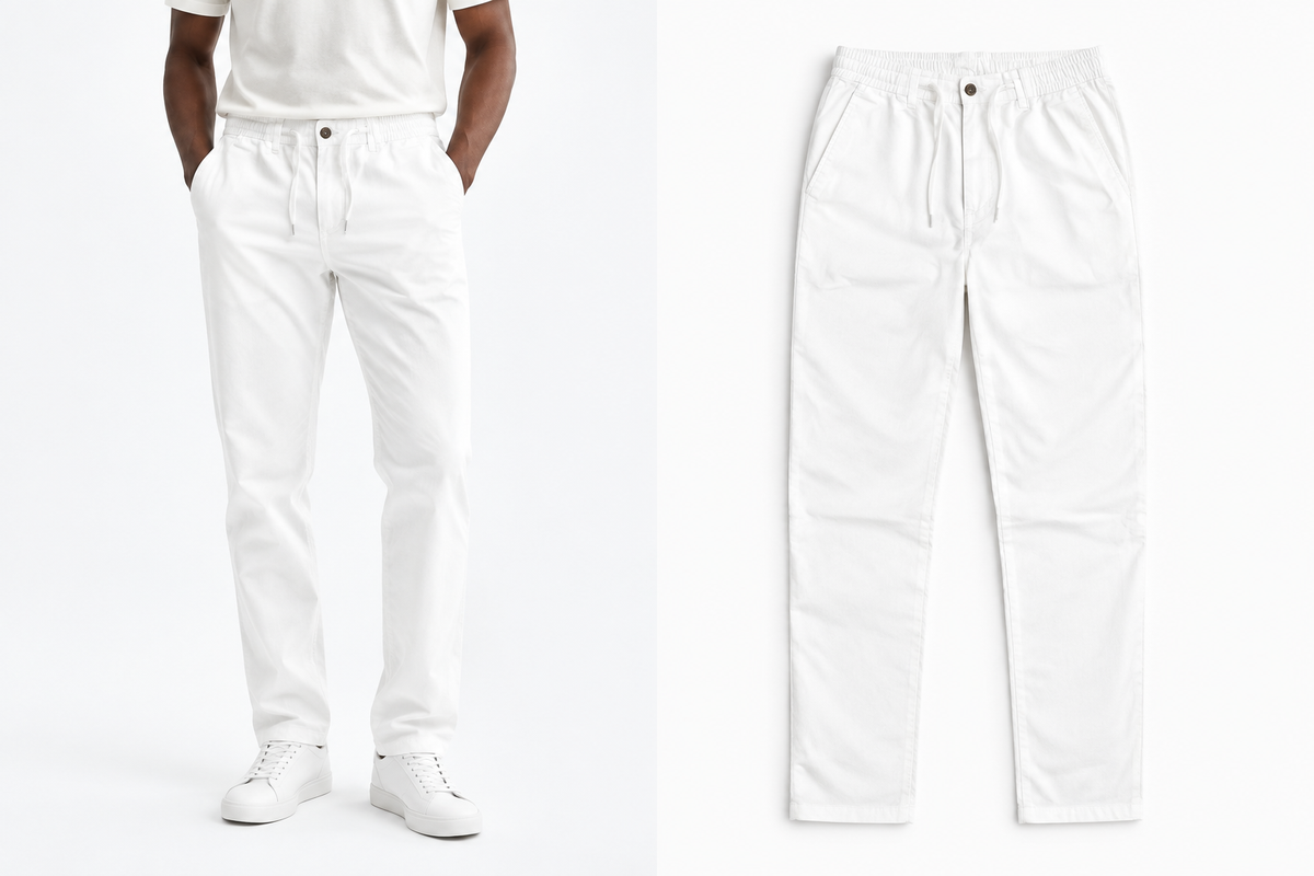 Pantalon blanc, vue portée et article seul