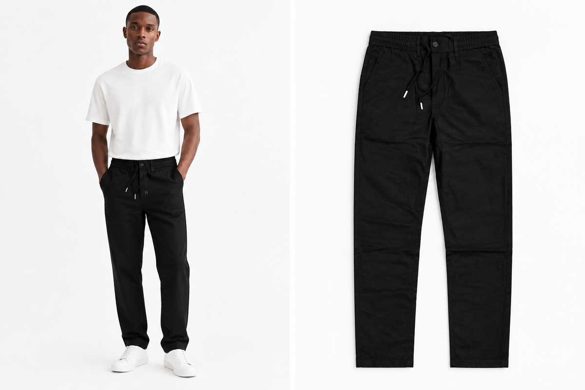 Pantalon noir, vue portée et article seul