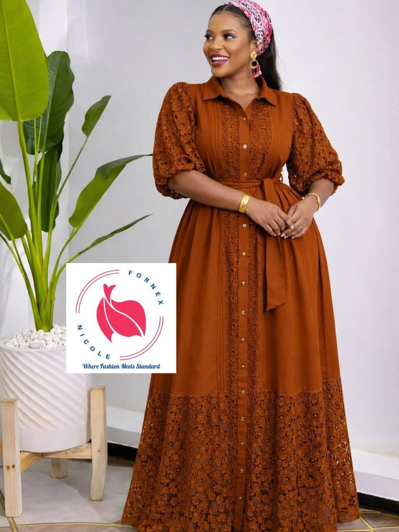 Robe chemise longue terracotta à manches en dentelle et ceinture