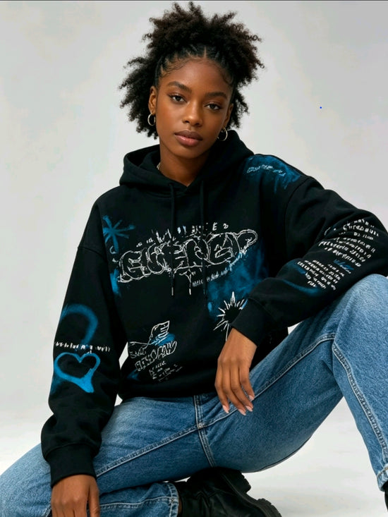Pull noir graffiti bleu