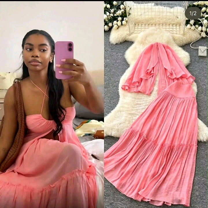 Robe Longue Rose Sangle
