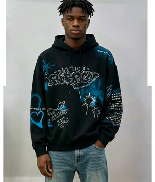 Pull noir graffiti bleu