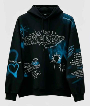 Pull noir graffiti bleu