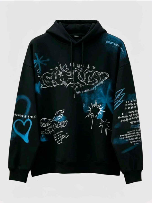 Pull noir graffiti bleu