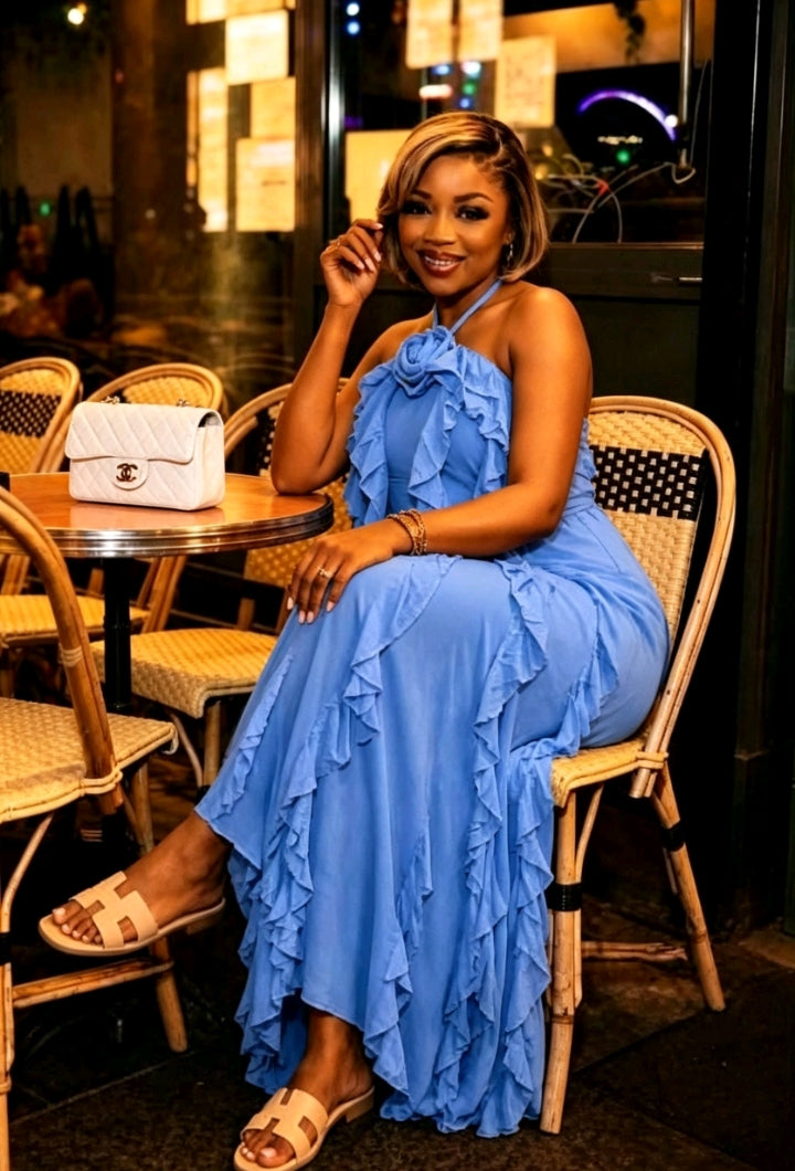 Robe Longue Bleue — Bretelles Col Licou